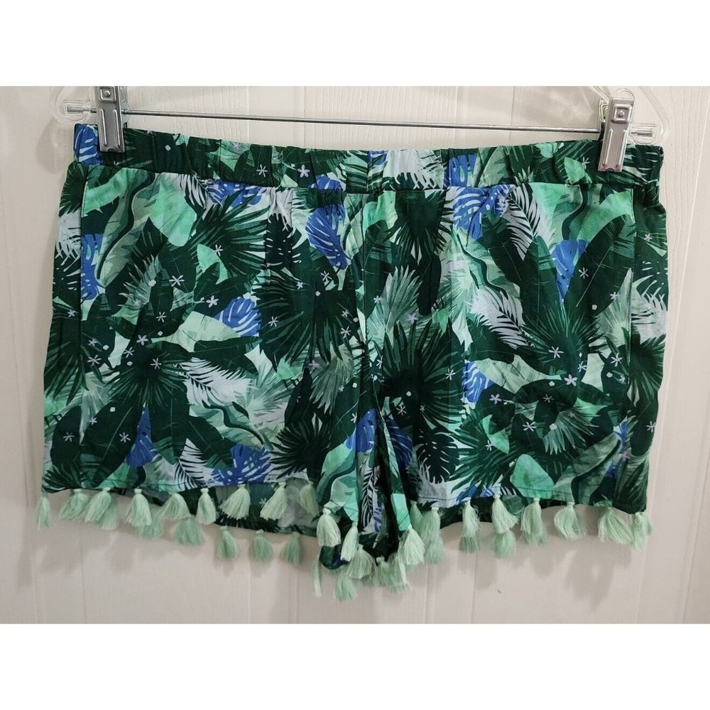 Letarte Women's Handmade Cover Up Shorts Green Tropical Print Fringe Size Medium